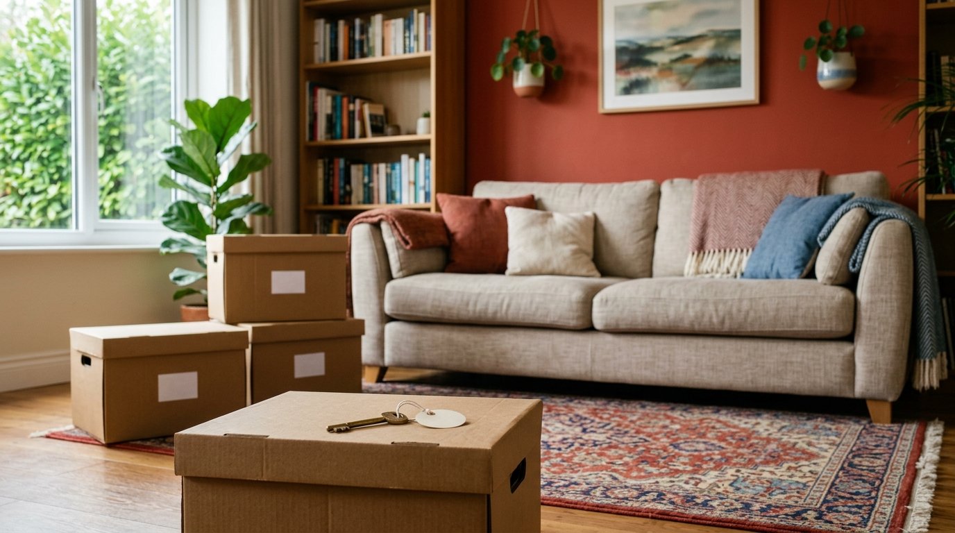 A lived-in living room with labeled storage boxes and a small house key tag in soft daylight