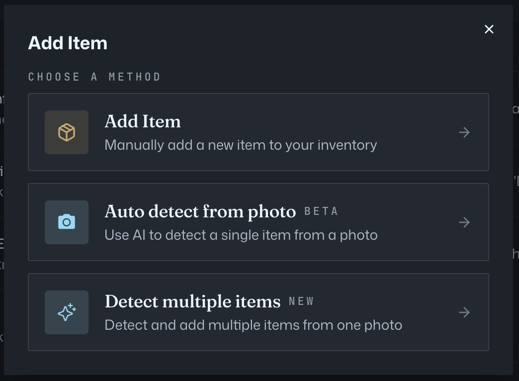 The Add Item window on the web, showing the Auto detect from photo option.