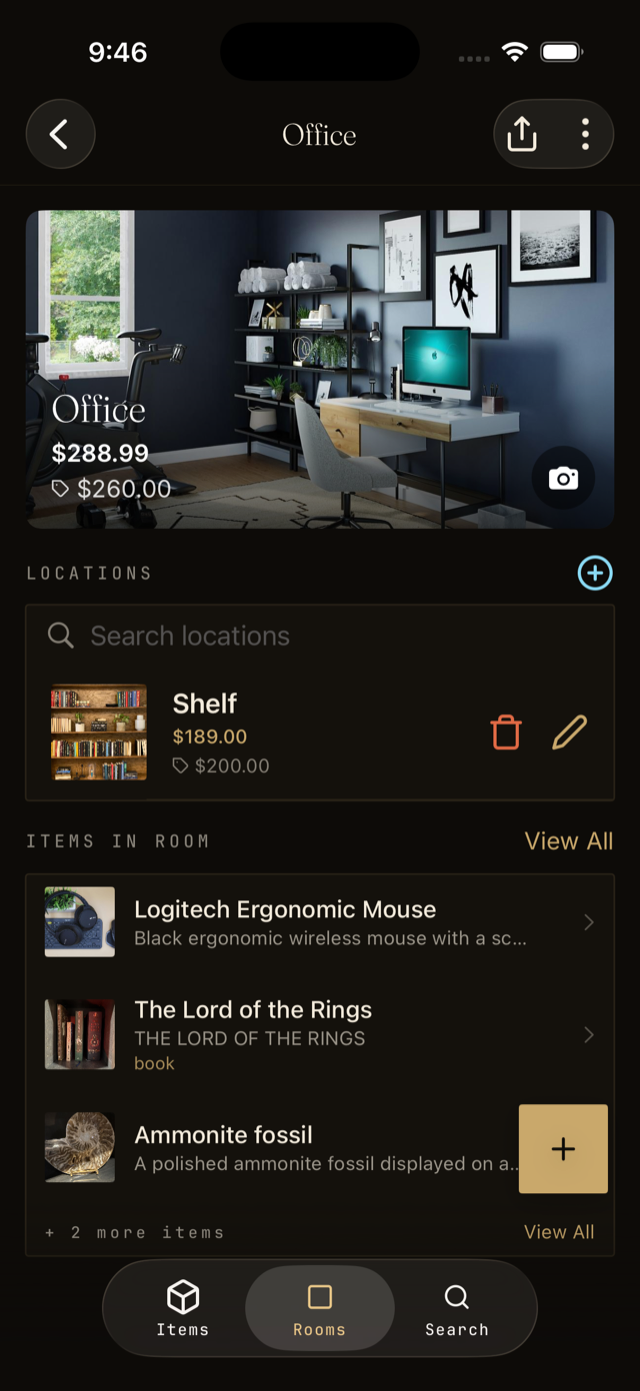 A room page showing its total value and total estimated value.