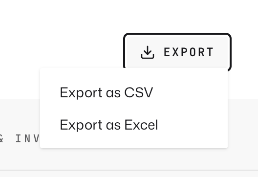 The Export dropdown open, showing Export as CSV and Export as Excel.