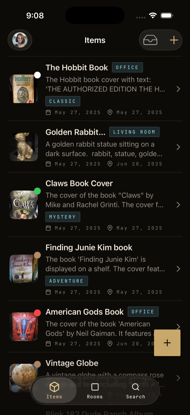 The Vorby items view with the Items, Rooms, and Search tabs along the bottom.