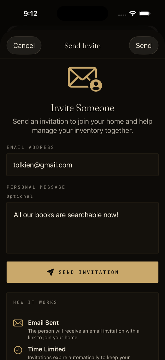 The Send Invite screen with an email address and an optional personal message.