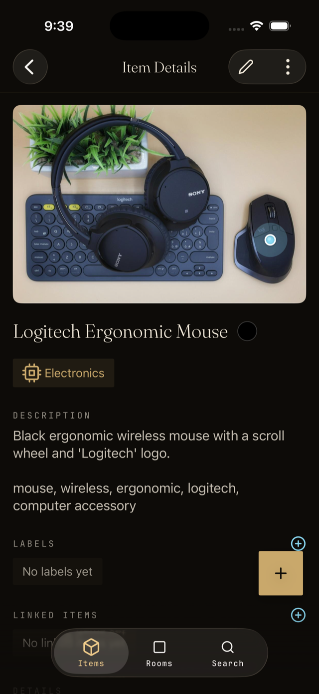 The Labels section on an item, with a plus button to add a label.