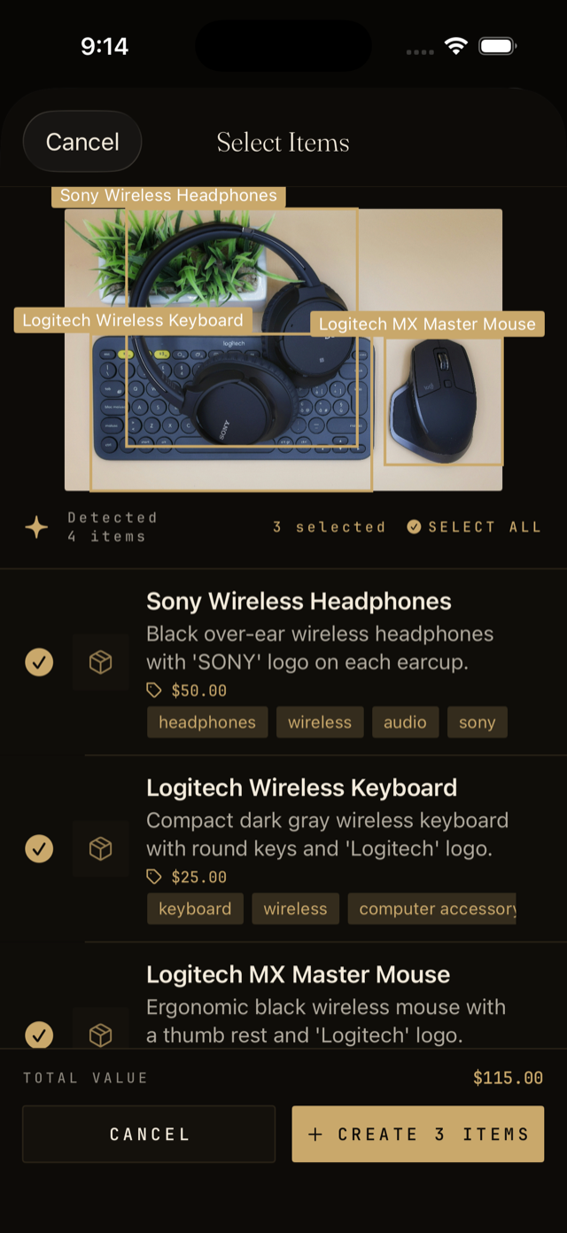 The Select Items screen showing several detected items with names, prices, and tags.