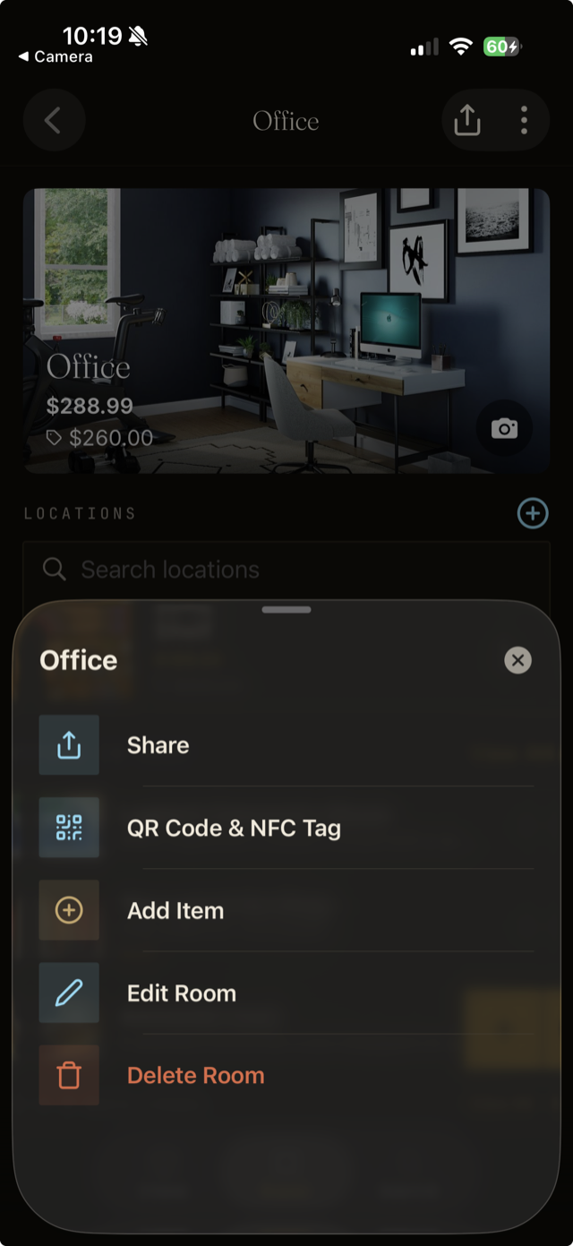 A room's action menu with Share, QR Code & NFC Tag, Add Item, Edit Room, and Delete Room.