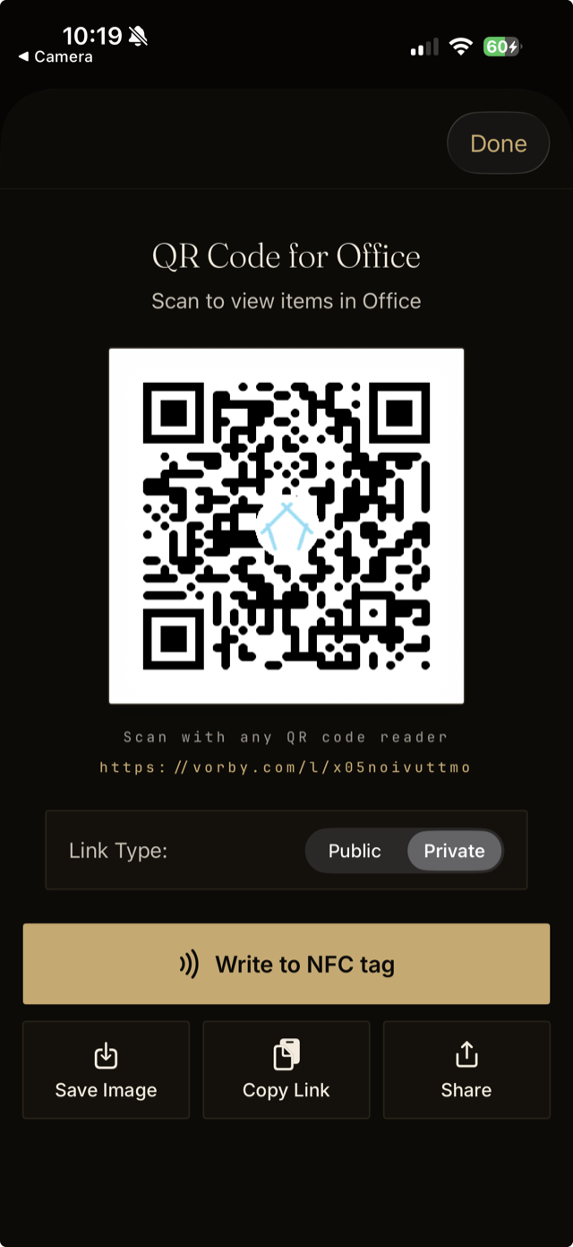 The QR code screen with a Public and Private link type toggle and a Write to NFC tag button.