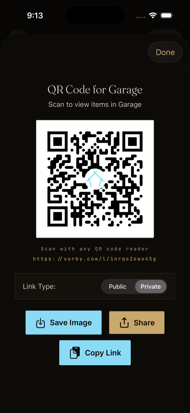 A generated QR code for a room, with Save Image, Share, and Copy Link options.