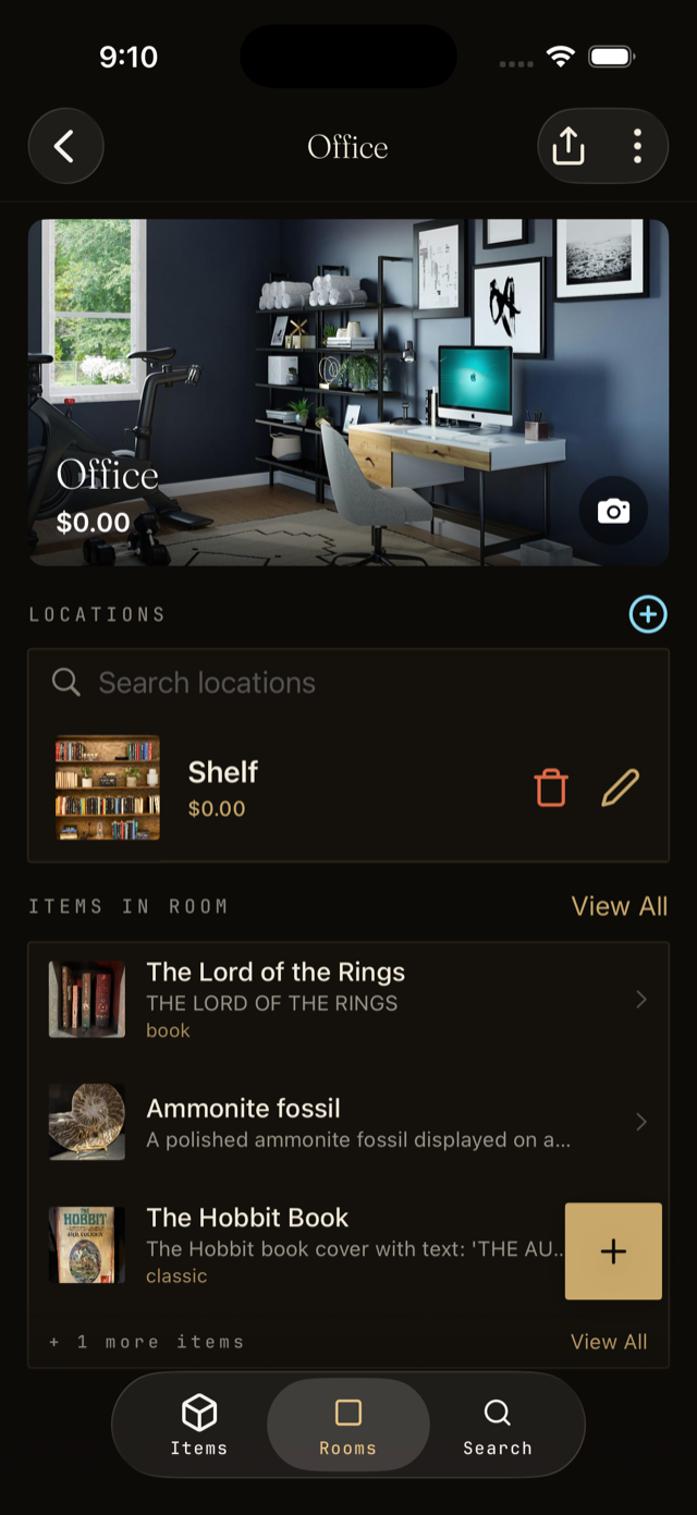 A room page showing its locations and the items inside it.