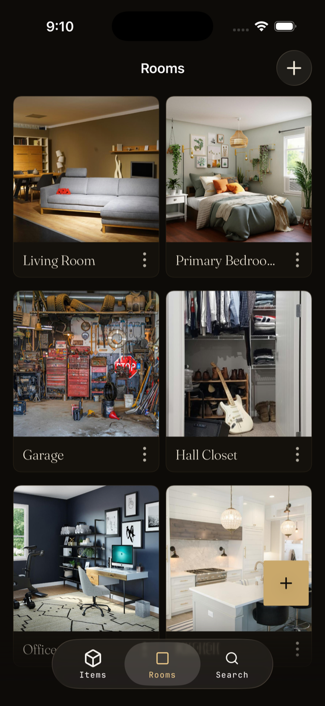 The Rooms grid showing Living Room, Primary Bedroom, Garage, and more.