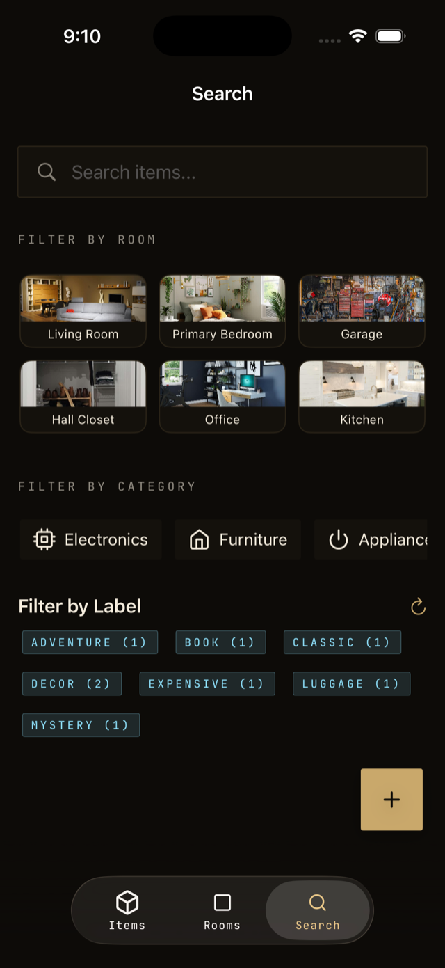 The Search screen with filters for room, category, and label.