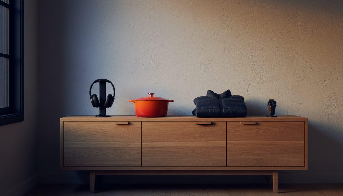 A sideboard with headphones, a dutch oven, a puffer jacket, and a smartwatch, each identified by Vorby's AI